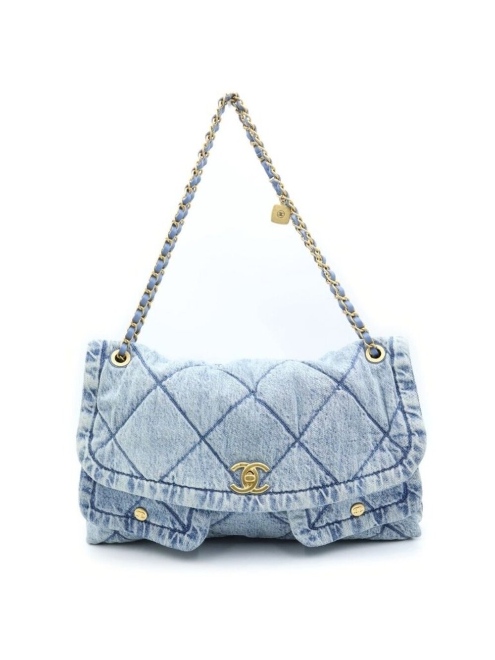 Chanel CC Logo Denim Maxi Flap Bag Handbag Bag Blue